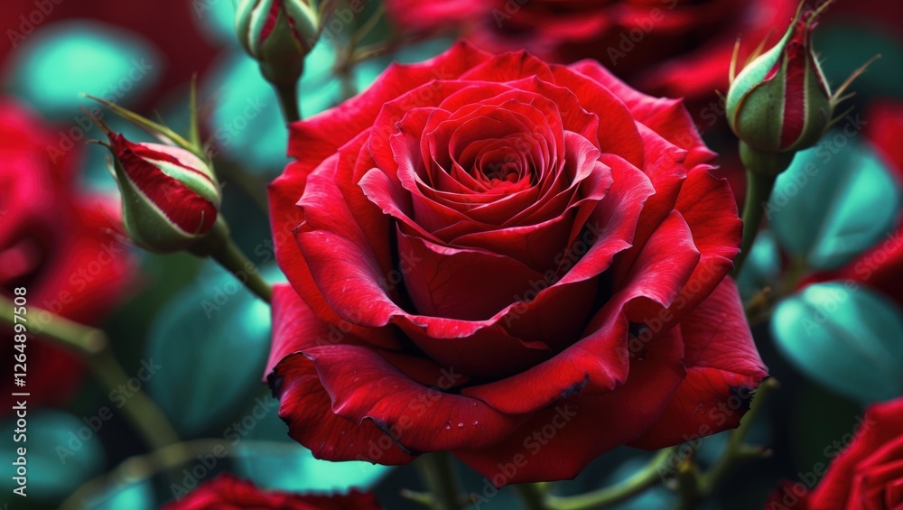 Poster close-up of a vibrant red rose with green leaves and buds in the background suitable for floral desi
