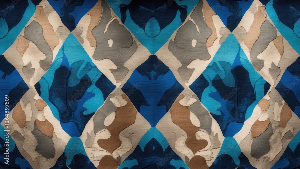 Poster Abstract geometric pattern in blue, beige, and brown tones with alternating diamond shapes and fluid design, suitable for backgrounds and textiles.