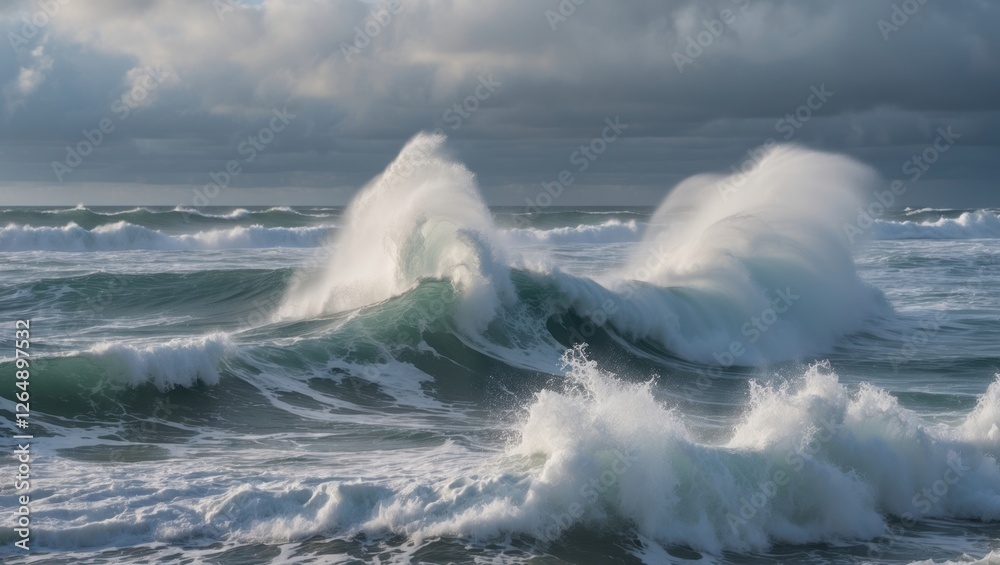 Poster Dynamic ocean waves with foam and mist under a cloudy sky capturing the power of nature Copy Space