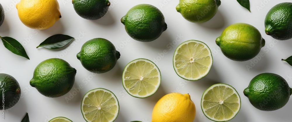 Poster assorted fresh limes lemons and lime halves arranged on white background with green leaves copy spac
