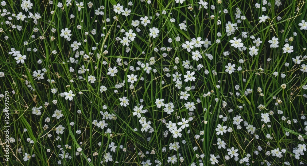 Poster green grass field with scattered white flowers and foliage overhead view natural background with cop