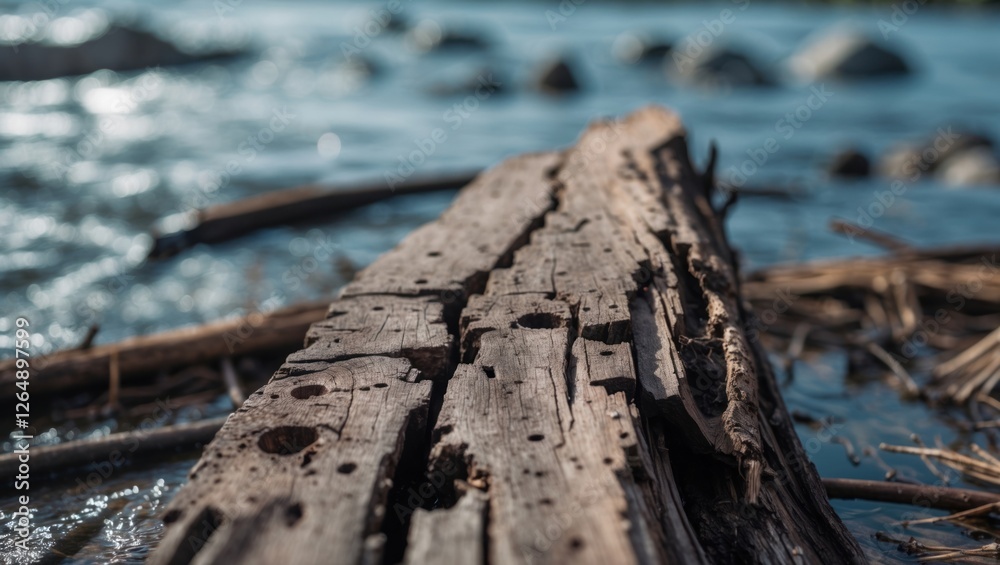 Poster weathered wooden log on the shore of a river with shallow water and rocks in the background copy spa