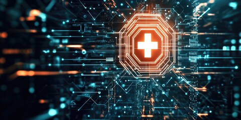 Obraz premium Futuristic healthcare concept with medical symbol on digital abstract background design