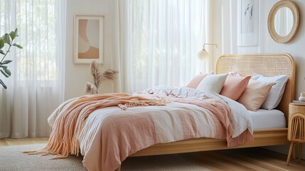 A light and airy bedroom featuring a retro wooden bed, pastel bedding, and a touch of nostalgia