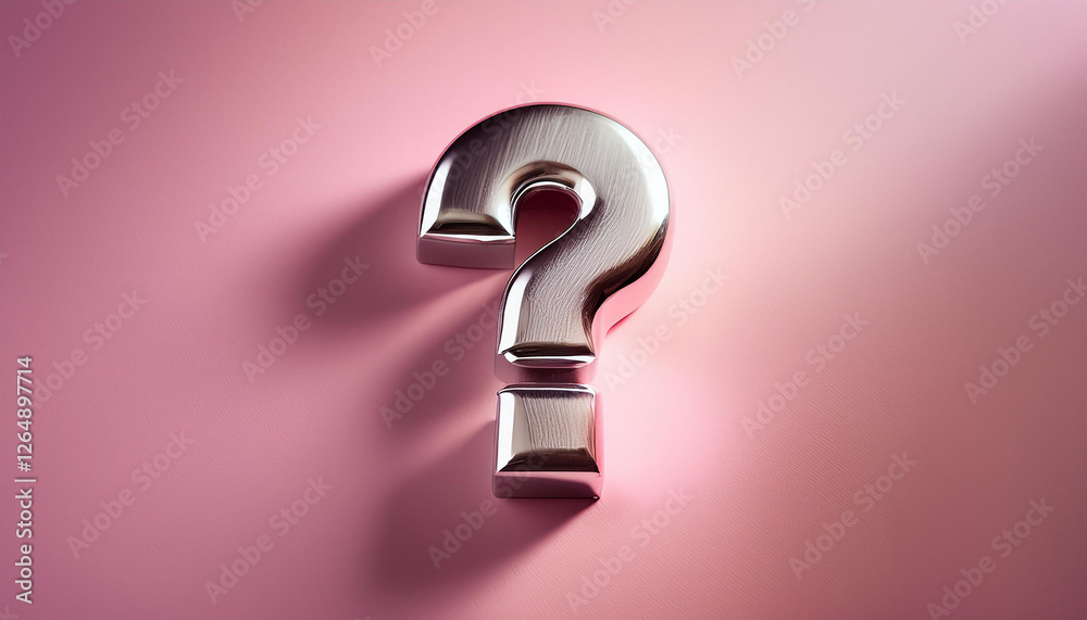  shiny silver or chrome question mark on pink background. faq and qa. problem solution.