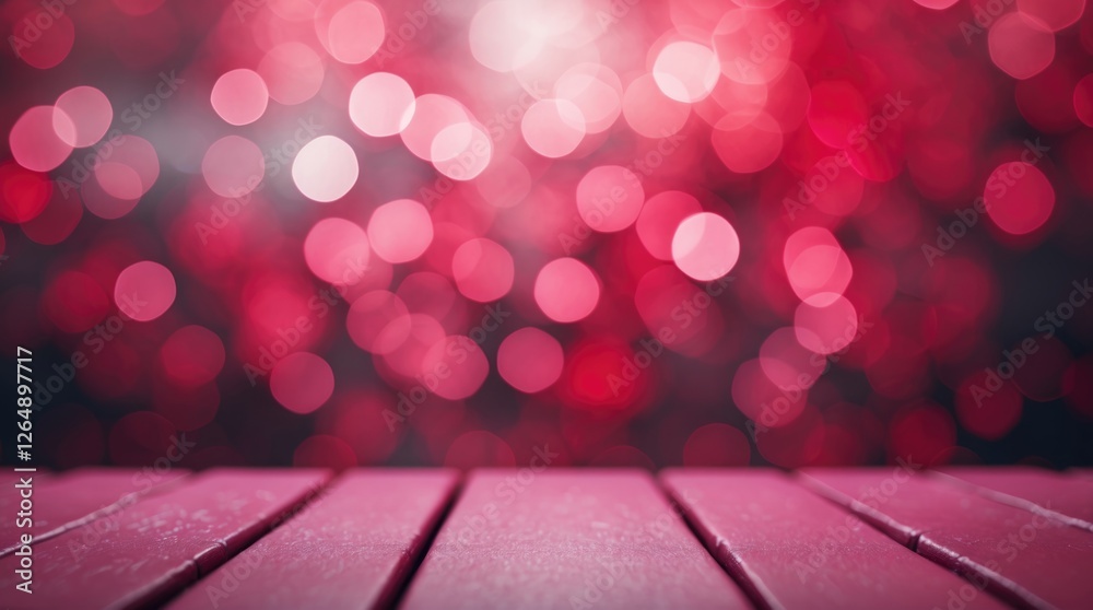 Aufkleber Abstract red bokeh background with wooden surface in foreground and ample copy space for text placement