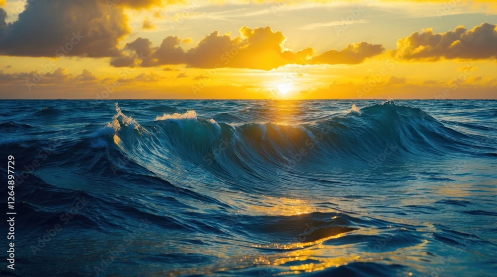 Poster waves at sunset over the ocean with dramatic clouds and warm colors illuminated by sunlight copy spa