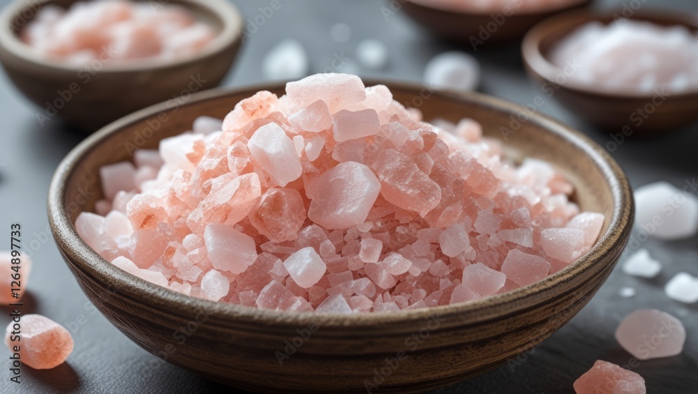 Aufkleber pink himalayan salt in a wooden bowl with scattered crystals on a textured surface and additional bo