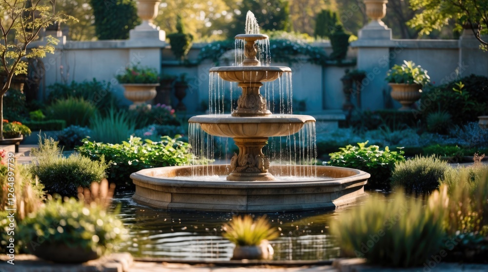 Poster elegant three-tiered stone fountain surrounded by lush greenery and blooming plants in a tranquil ga