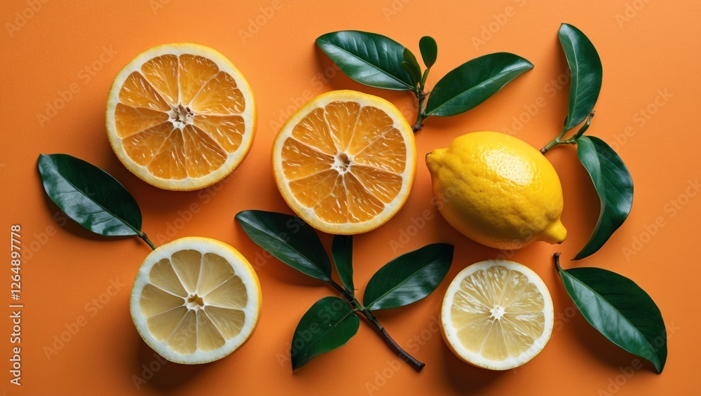 Poster Freshly sliced oranges and lemon with green leaves arranged on an orange background with Copy Space for text placement.