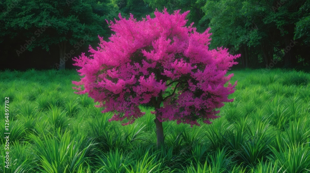 Poster vibrant pink flowering tree in lush green grass landscape with dense forest background and ample cop