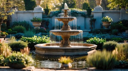 Elegant three-tiered stone fountain surrounded by lush greenery and blooming plants in a tranquil garden setting with soft sunlight. Copy Space