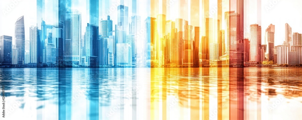 Aufkleber vibrant skyline reflections with colorful stripes in a modern urban setting on a calm water surface