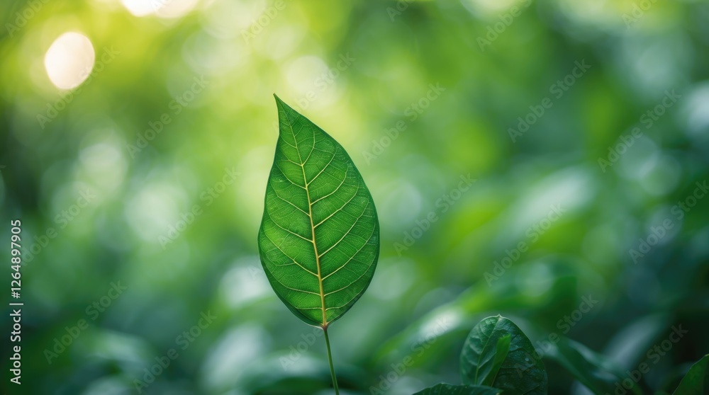 Poster Green leaf on blurred background with soft bokeh effect representing nature and freshness with Copy Space