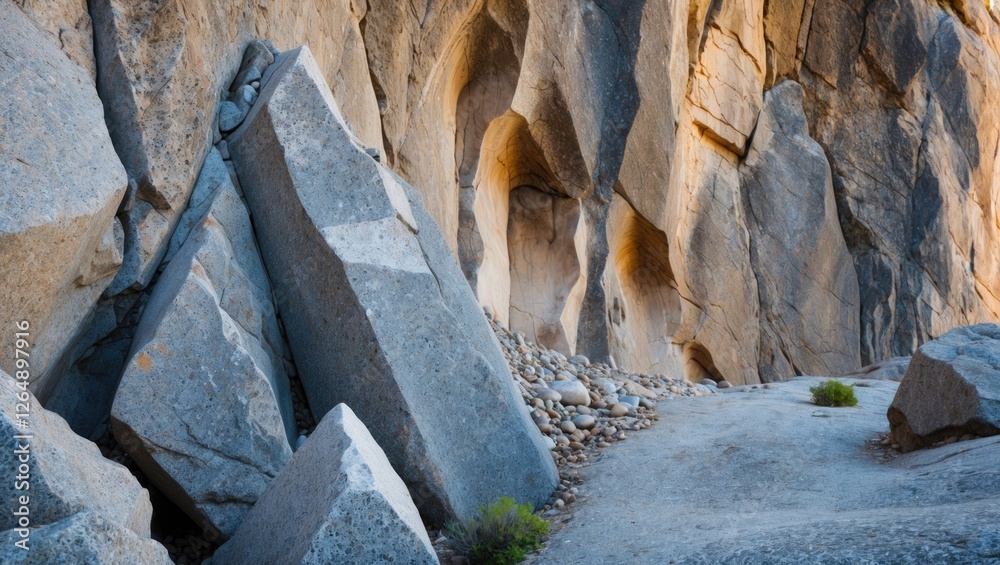 Poster Rock formations with sharp edges and textures in a rocky landscape at sunrise displaying natural geological patterns and shadows. Copy Space