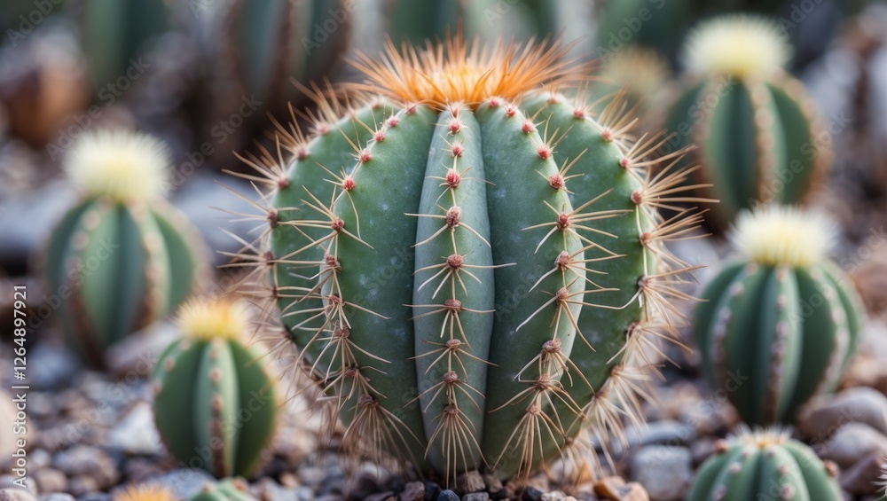 Poster cactus plants with spines and yellow flowers in desert environment with blurred background and copy 