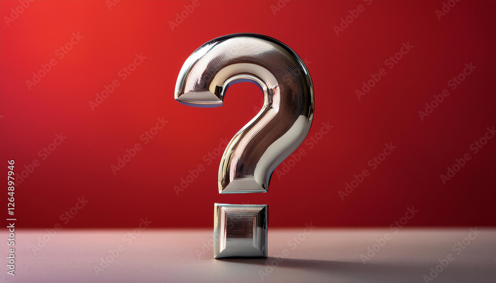 Poster shiny silver or chrome question mark on red background. faq and qa. problem solution.