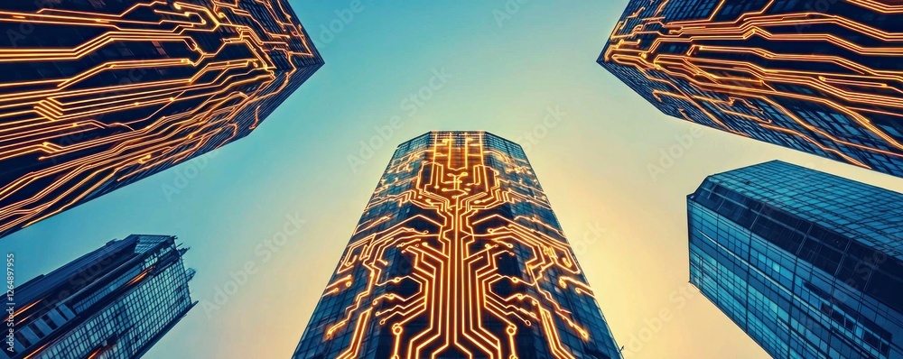 Aufkleber futuristic cityscape with tall buildings featuring digital circuit board patterns in a clear sky
