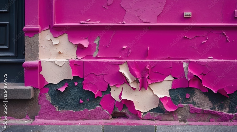 Poster peeling paint on a vibrant pink wall with exposed layers and texture details in urban setting enviro