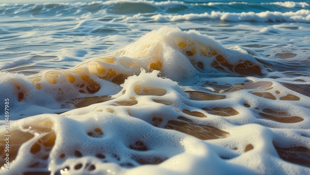 Poster waves crashing on sandy beach creating foam and bubbles under bright sunlight with blue ocean in bac