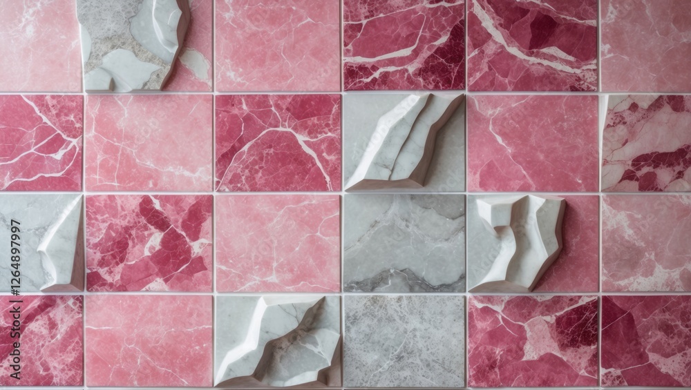 Poster Textured tile wall design featuring pink and gray marble patterns with three-dimensional elements in a modern interior setting. Copy Space