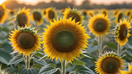 Obraz premium Sunflower field at sunrise with vibrant blooms and soft natural light showcasing details and textures of petals, leaves and seeds, Copy Space