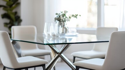 A modern glass dining table with a sleek metal base, surrounded by minimalist chairs.