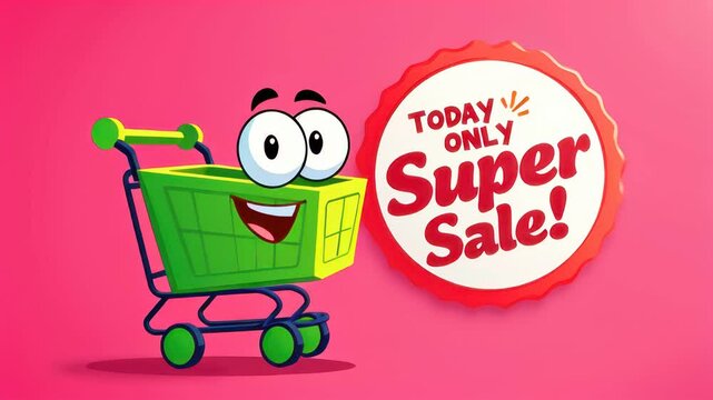 Happy shopping cart with bold "Today Only Super Sale" text, glowing with excitement and urgency, set against a vibrant background. Concept of discounts, retail, and e-commerce promotions