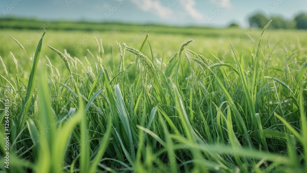 Poster lush green grass with soft focus in foreground and expansive field under blue sky in background show