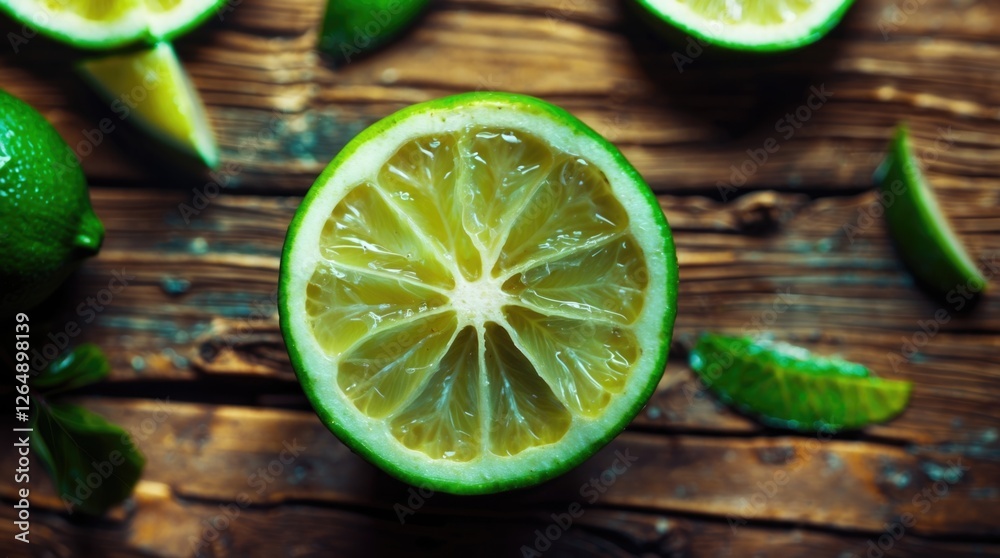 Poster freshly cut lime halves on rustic wooden background with lime slices and leaves arranged around, vib
