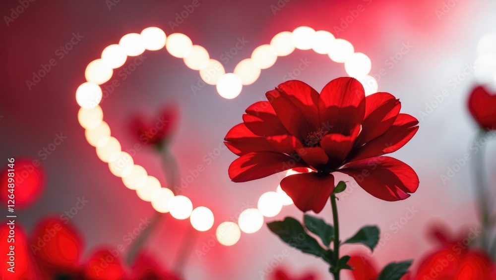 Poster Red flower in focus with blurred heart bokeh lights in background creating a romantic atmosphere with copy space for text