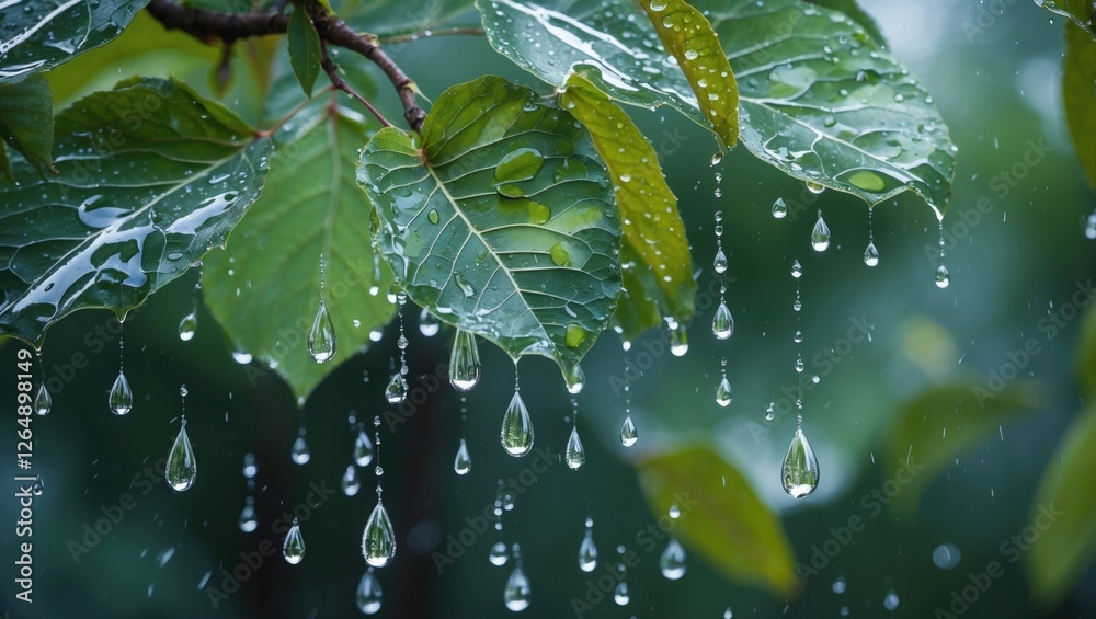 Poster close-up of green leaves with water droplets hanging from them after rain with blurred green backgro