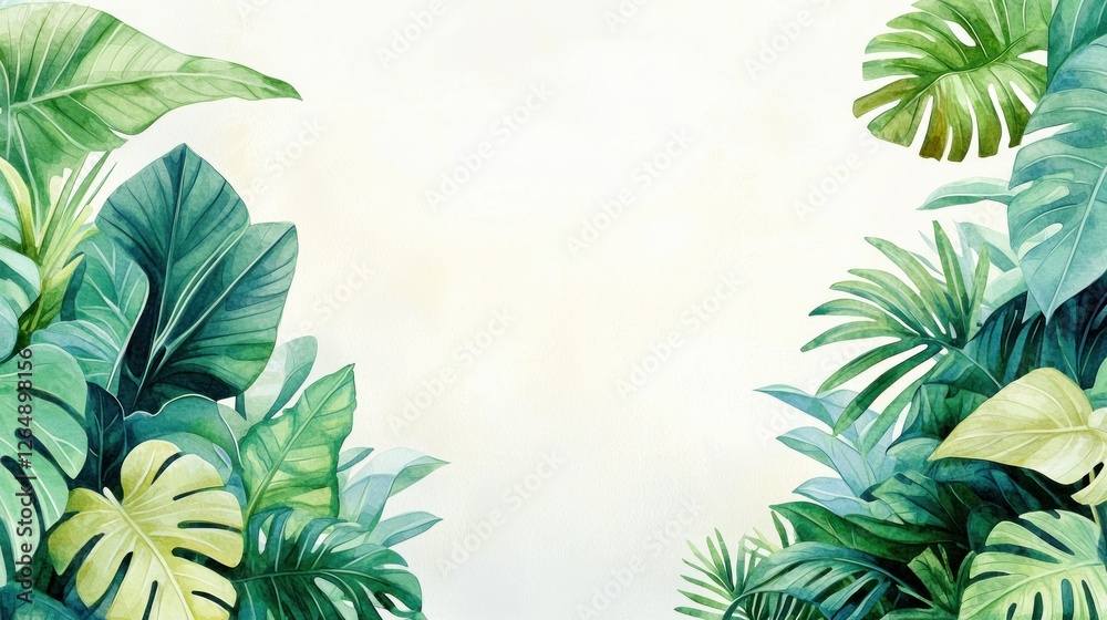 Poster lush greenery background with tropical leaves and soft natural textures for design projects
