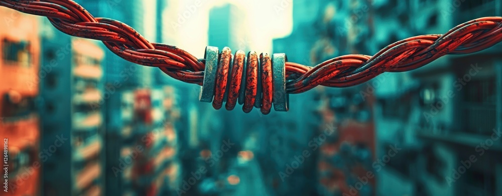 Poster intricate focus on artistic wire loop over urban background with blurred high-rise buildings and vib
