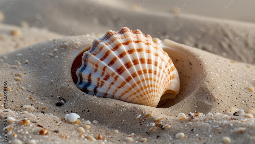 Aufkleber Seashell nestled in fine sand with small pebbles and grains creating a natural beach background Copy Space