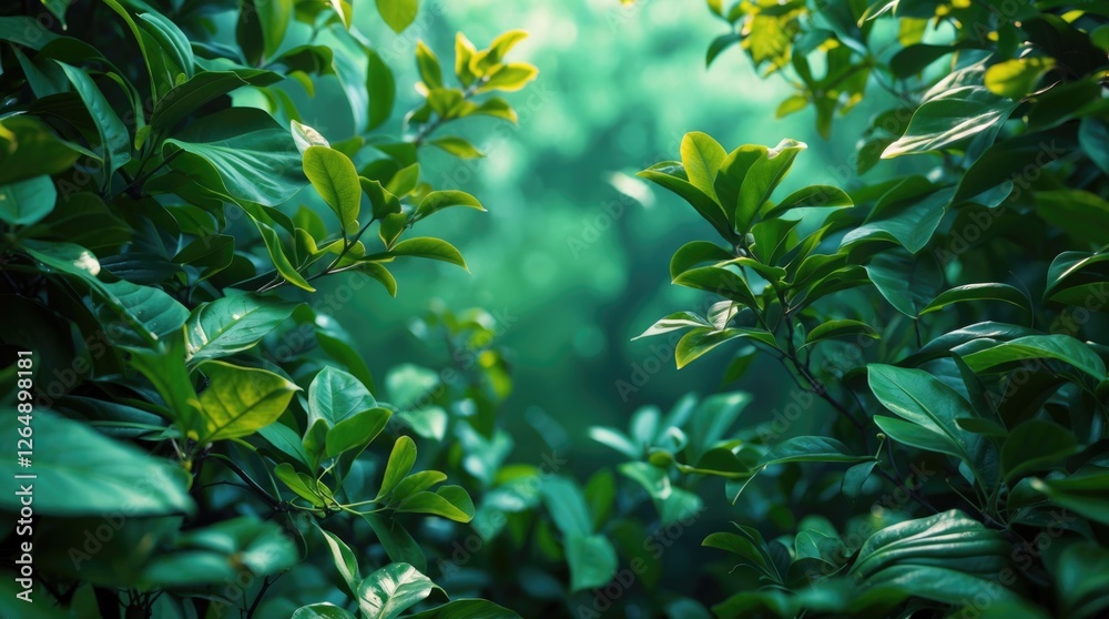Poster green foliage with sunlight filtering through leaves in natural environment for background copy spac
