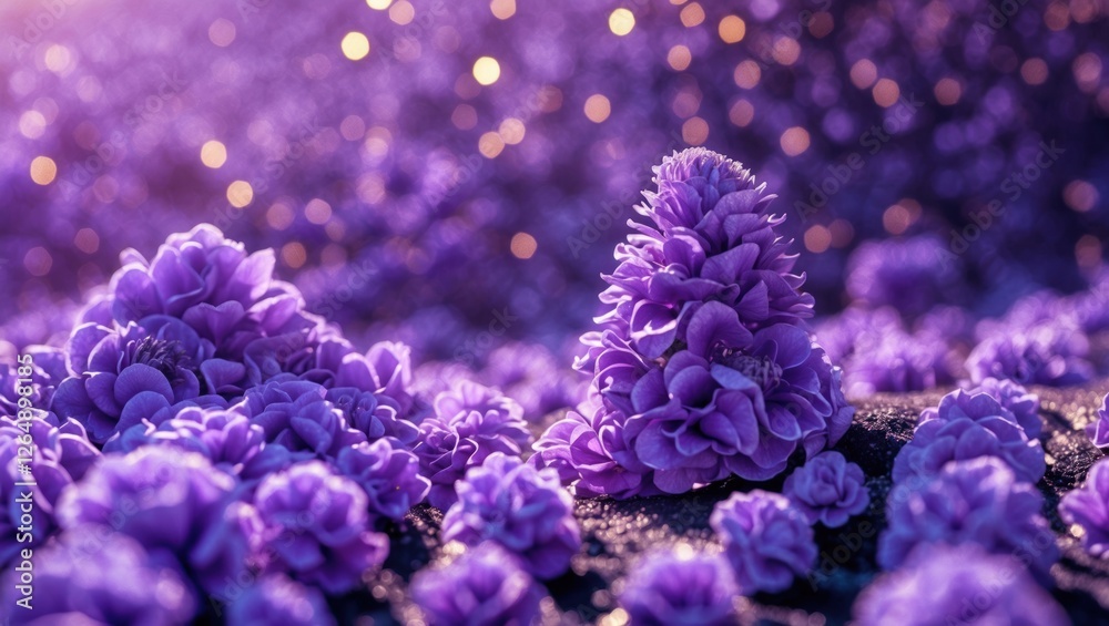 Poster vibrant close-up of purple floral arrangements with bokeh effect in soft focus creating a dreamy atm