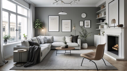 Scandinavian minimalist living room design with neutral gray couch large windows and clean lines for a fresh airy feel Modern Interior Design Inspiration