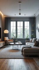 Fototapeta premium Scandinavian style living room featuring a neutral gray couch clean design and minimalist furniture to create a spacious ambiance Modern Interior Design Inspiration