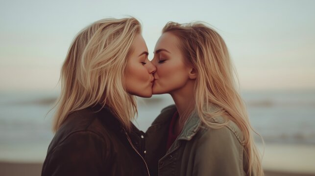 Loving same-sex couple kissing on a sandy beach