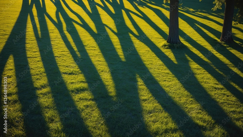 Poster long shadows of trees cast on green grass during golden hour sunlight with rich textures and pattern