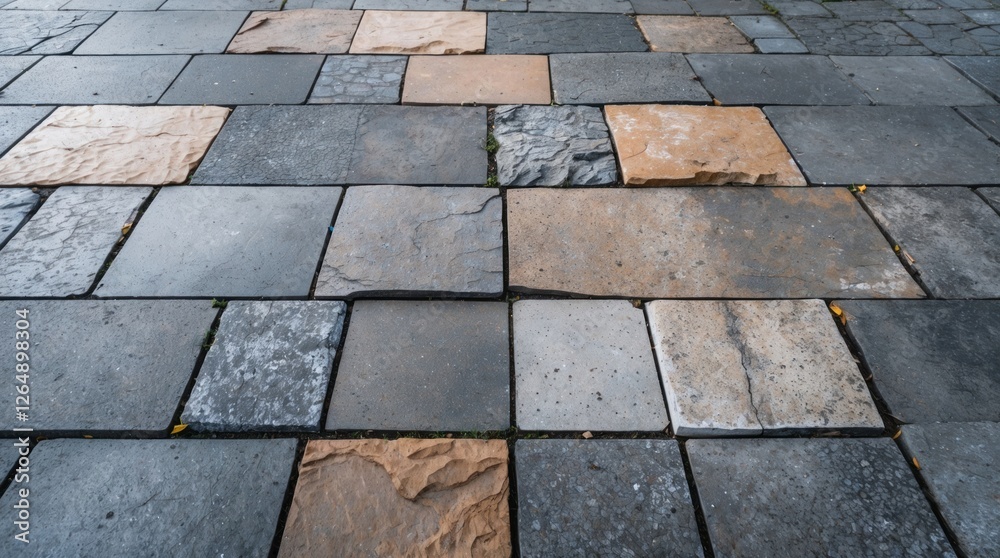 Aufkleber Textured paving stones arranged in a random pattern with gray and orange tiles on a walkway surface Copy Space