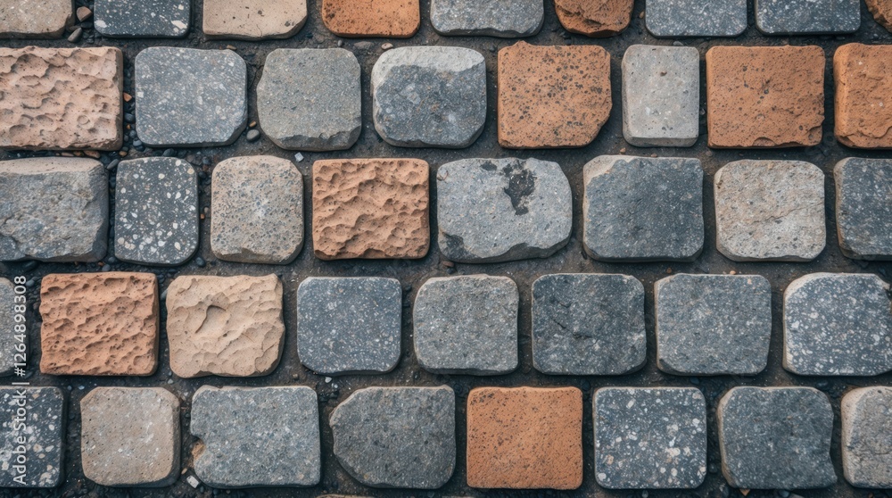 Poster Textured cobblestone pavement with various shades of gray and orange stones arranged in a neat pattern suitable for background use Copy Space