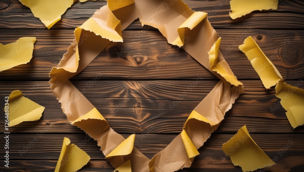 Poster torn yellow paper pieces arranged in a circular frame on dark wooden background with copy space for 