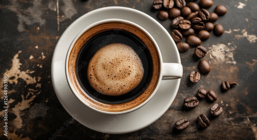 Poster cup of black coffee with frothy surface surrounded by coffee beans on rustic dark surface copy space