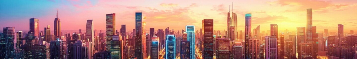 Stunning panoramic cityscape at sunset with vibrant colors illuminating modern skyscrapers and urban skyline