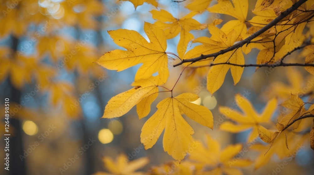 Fototapete Yellow autumn leaves on a branch with a blurred background and soft bokeh effect providing ample Copy Space for text placement.