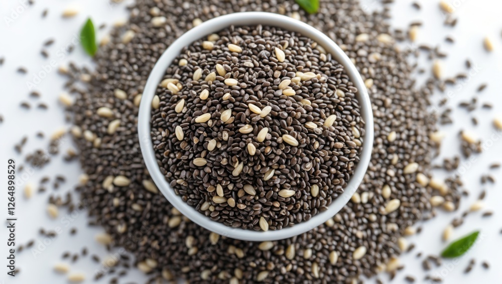 Poster chia seeds and sesame seeds in a bowl surrounded by loose seeds on a white background with green lea