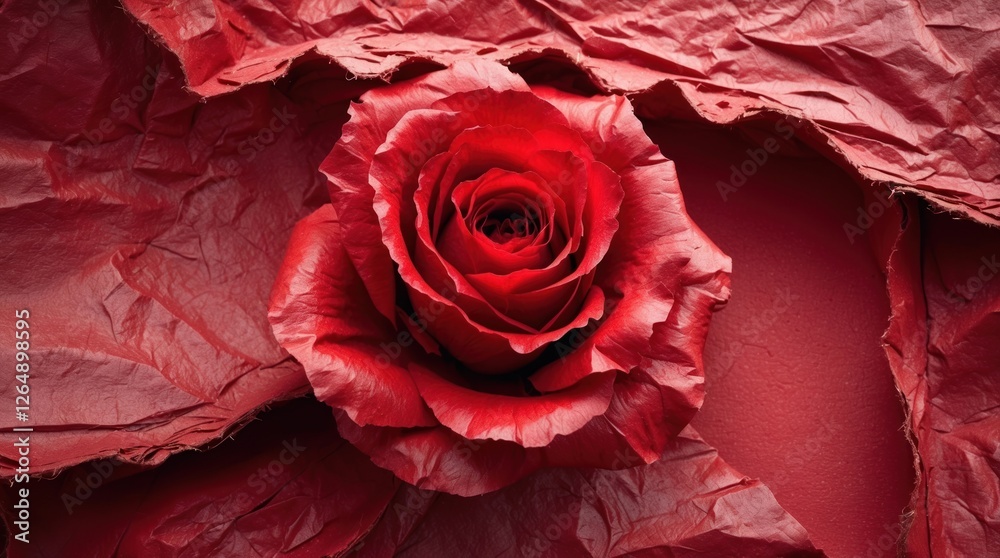 Poster red rose on crinkled red paper background artistic composition with copy space for text.