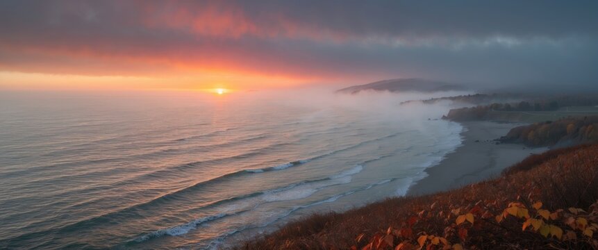 Sunrise over misty ocean waves with colorful sky and foamy shoreline in coastal landscape with autumn foliage foreground Copy Space